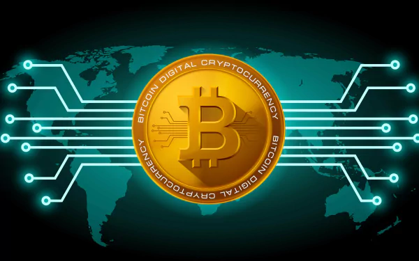 HD desktop wallpaper featuring a glowing Bitcoin emblem with circuit lines on a digital world map background, symbolizing cryptocurrency.
