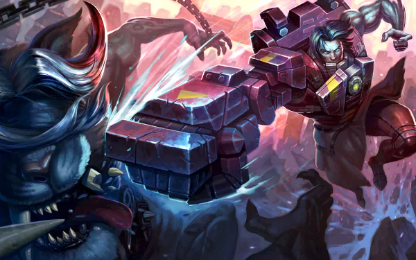 HD Vainglory desktop wallpaper featuring dynamic artwork of armored characters engaged in battle.