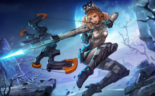 HD wallpaper of a Vainglory character in a dynamic pose with futuristic weapons, suitable as a desktop background.