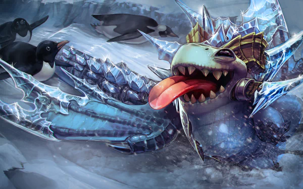 HD desktop wallpaper featuring a fantastical creature from Vainglory, surrounded by penguins in an icy setting.