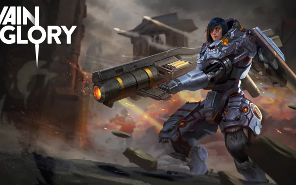 HD desktop wallpaper from Vainglory featuring an armored character with a large cannon on a battlefield.