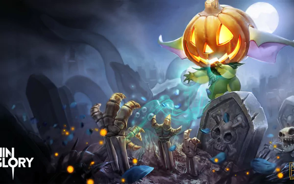 HD desktop wallpaper for Vainglory featuring a spooky pumpkin-headed character in a graveyard setting.