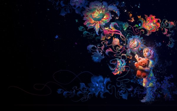 Artistic Child Little Girl Stuffed Animal Teddy Bear Flower Colors Colorful HD Wallpaper | Background Image