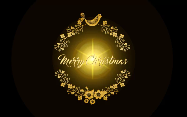 Minimalist HD PC desktop wallpaper featuring a golden floral wreath and bird surrounding the elegant Merry Christmas text on a dark background for a holiday theme.