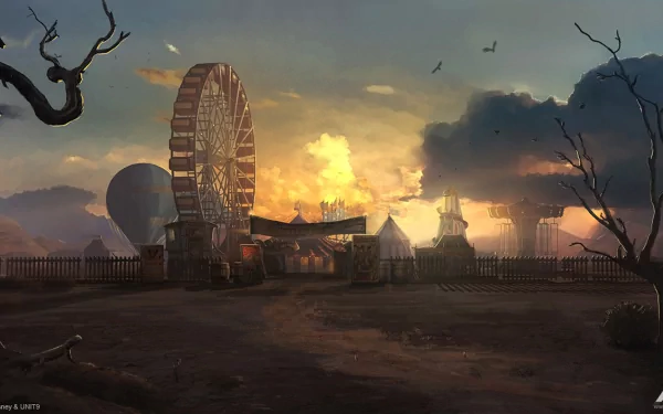 HD PC desktop wallpaper of a fantasy landscape from Oz the Great and Powerful, featuring a Ferris wheel, tents, and a dramatic sunset sky.