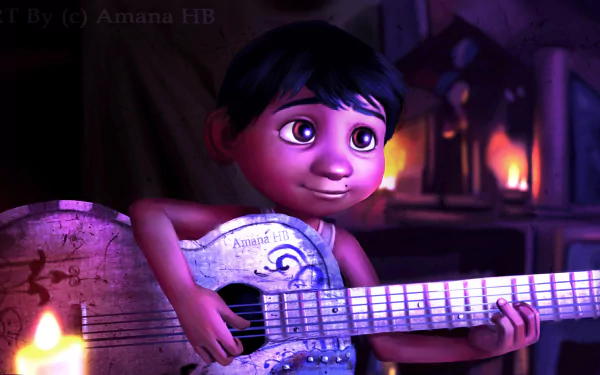 HD desktop wallpaper featuring Miguel Rivera from Disney Pixar's movie Coco. Miguel is holding a guitar and smiling warmly, surrounded by a cozy, ambient setting with lit candles in the background.