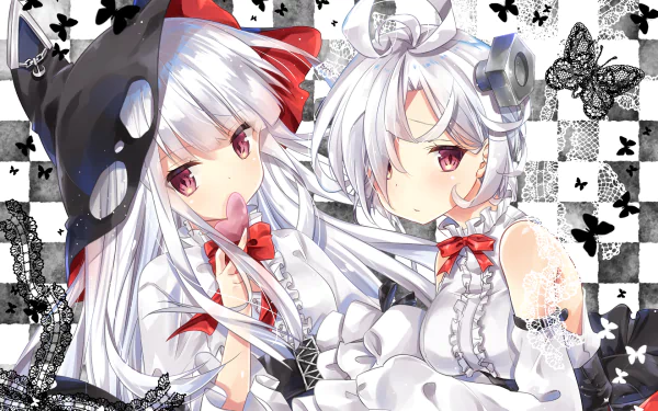 HD desktop wallpaper featuring Terror and Erebus from Azur Lane. The anime characters stand against a checkered background with black and white butterfly motifs, both adorned in white and red-themed outfits.