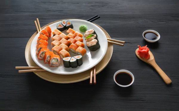 A vibrant still life of assorted sushi, including fish and rice, arranged on plates with soy sauce and pickled ginger, captured in 4K Ultra HD quality.