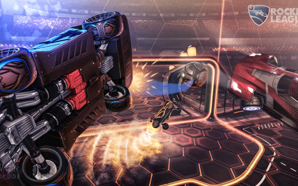 High-energy Rocket League gameplay captured in a 4K Ultra HD PC wallpaper, featuring intense car action and dynamic ball movement inside a futuristic arena.