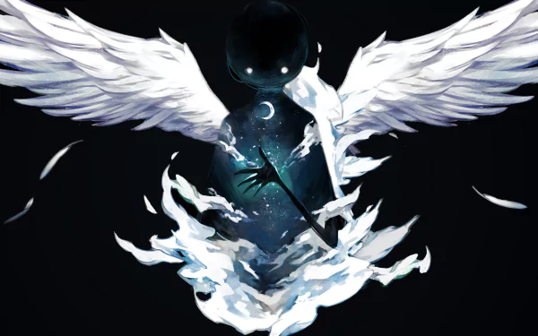 HD desktop wallpaper featuring a black figure with glowing eyes, angel wings, and a celestial background, inspired by the video game Deemo.