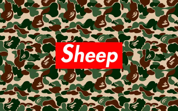 HD desktop wallpaper featuring a green, brown, and beige camouflage pattern with the word Sheep styled in red and white, humorously mimicking the Supreme brand.