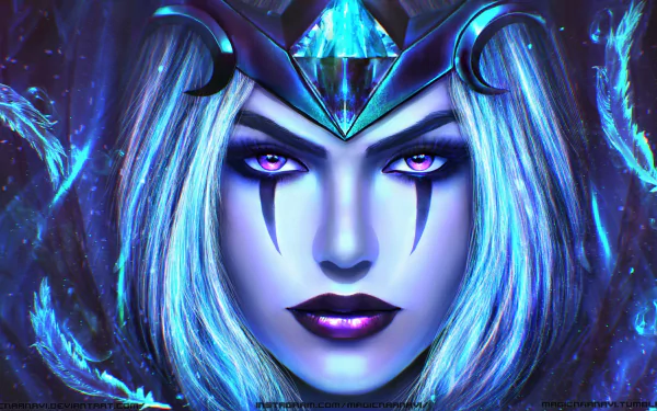 HD PC desktop wallpaper featuring LeBlanc from League of Legends with striking purple eyes, bold lipstick, and a mystical, blue-toned face.