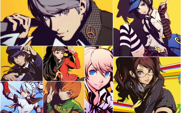Collage of Persona 4 Golden characters in vibrant colors, designed as a 4K Ultra HD PC desktop wallpaper inspired by the Persona 4 video game.