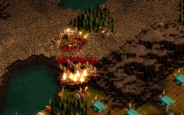 HD wallpaper of a 'They Are Billions' game scene featuring a steampunk zombie invasion and fiery defenses.