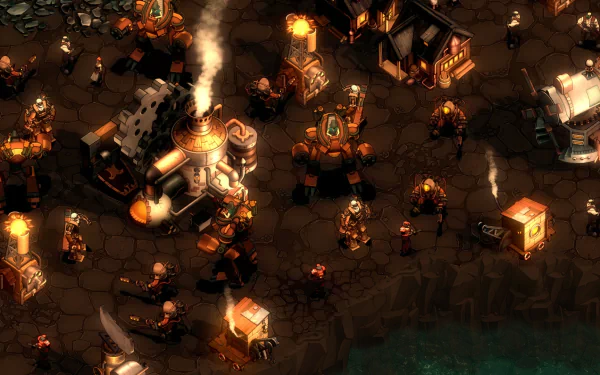 HD steampunk-themed desktop wallpaper featuring a scene from They Are Billions game with buildings and characters in a dystopian layout.