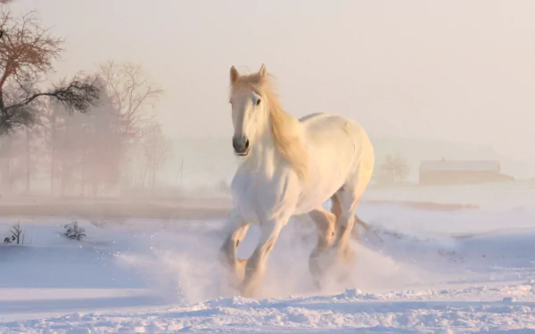 A majestic horse running through the snowy winter landscape, creating a serene and beautiful scene. This HD desktop wallpaper captures the grace and strength of the animal against the tranquil background.