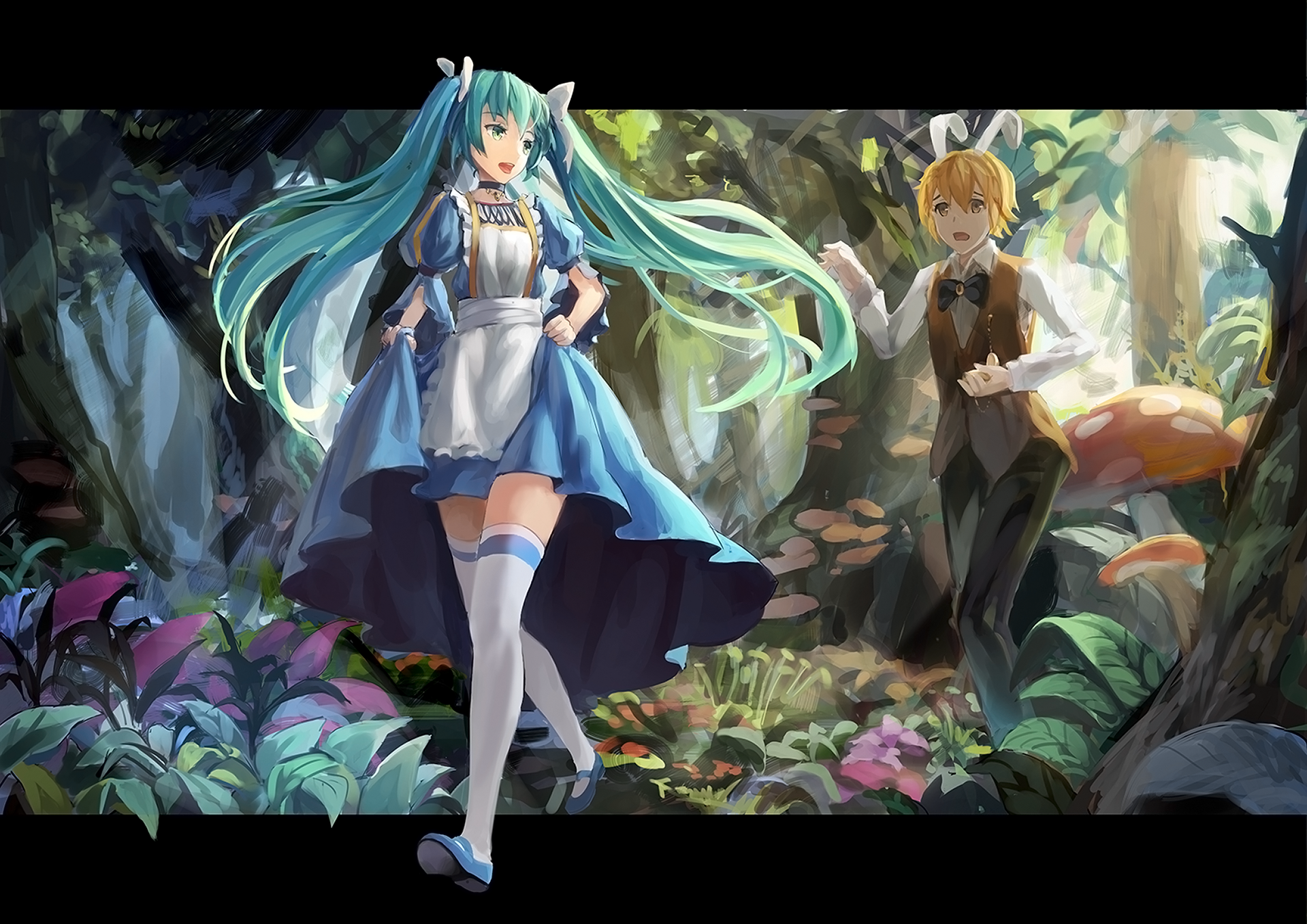 HD PC desktop wallpaper featuring Vocaloid characters Hatsune Miku in a blue dress with twintails and thigh highs, alongside Len Kagamine, set in a vibrant forest.