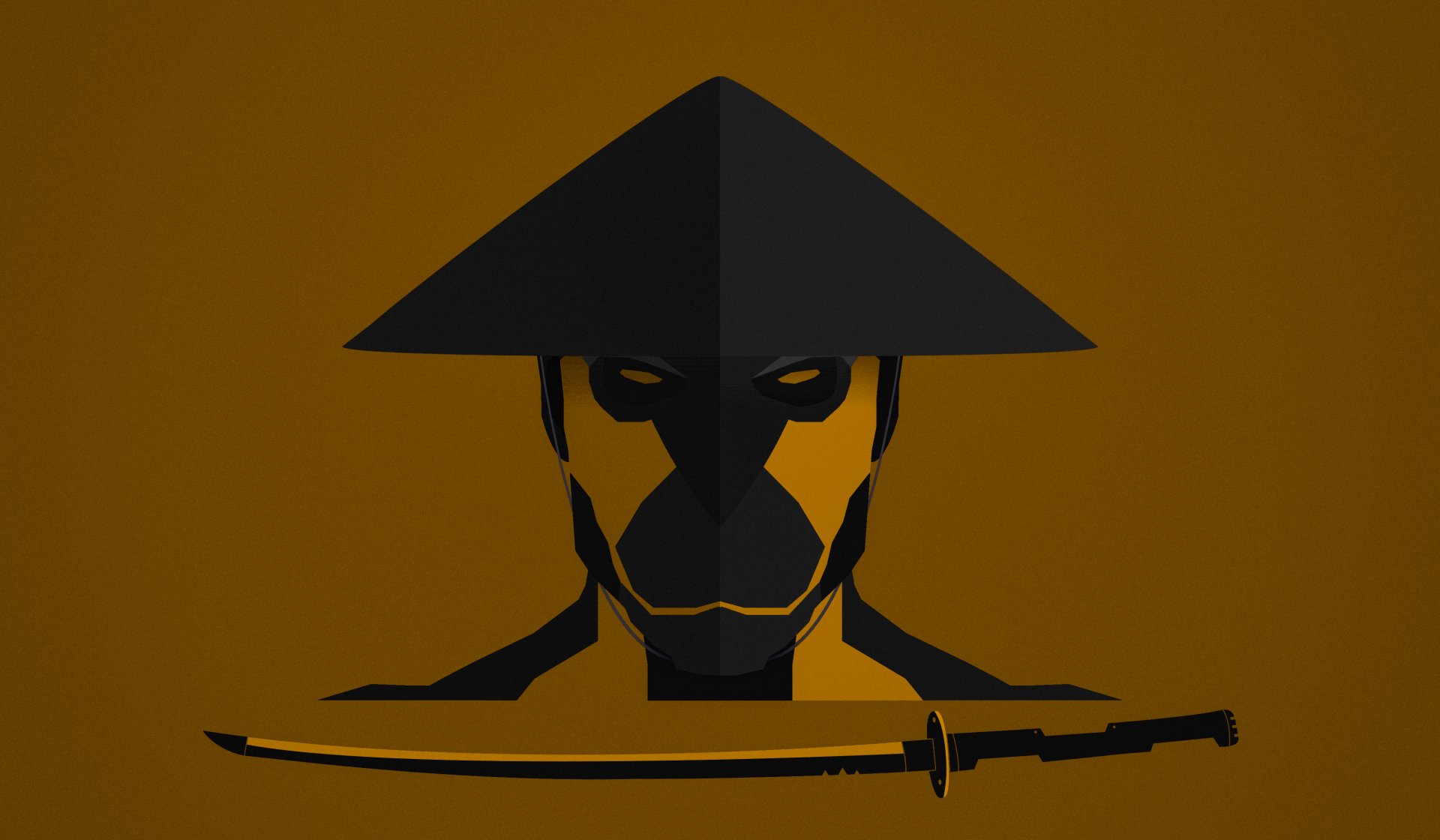 Minimalist 4K Ultra HD fantasy samurai wallpaper featuring a shadowed warrior with a traditional hat and a katana against a warm, muted background.