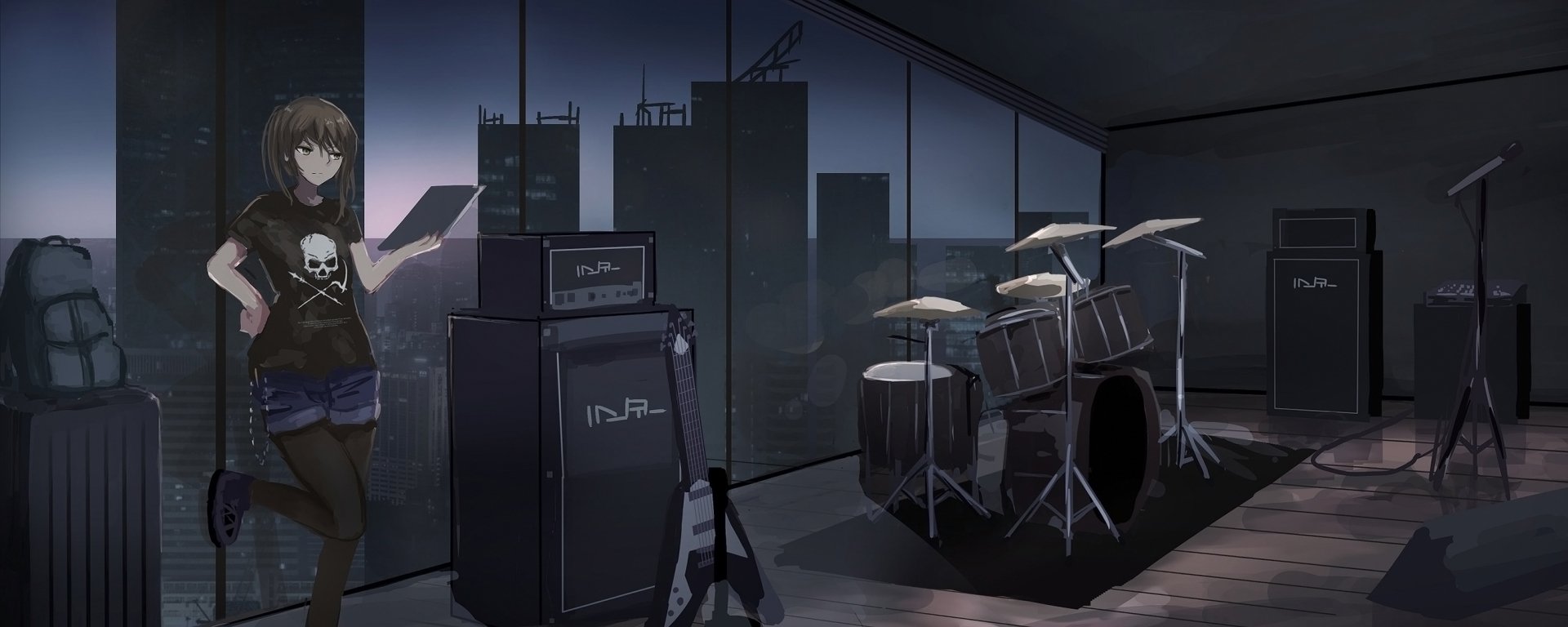 Anime-style original HD desktop wallpaper depicting a girl with a laptop in a dark room with a drum set and cityscape visible through large windows.