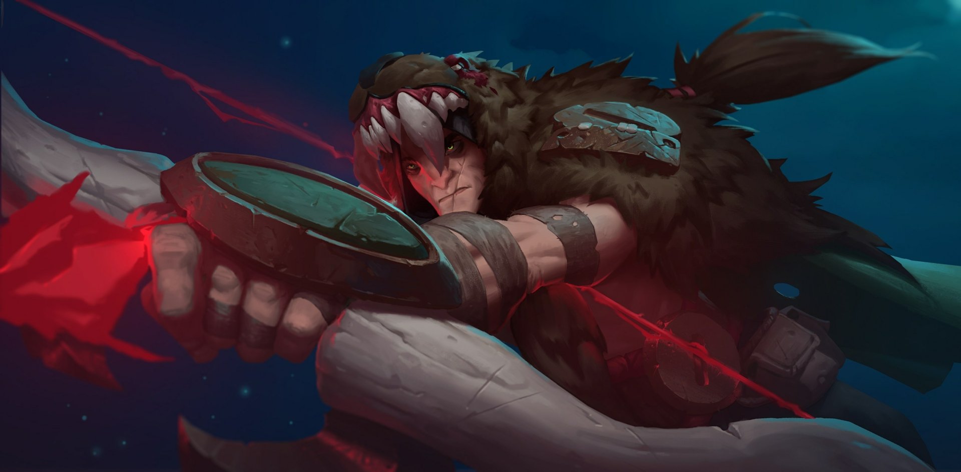 HD desktop wallpaper featuring a Battlerite character brandishing a shield with a ferocious expression against a dark, dynamic background.