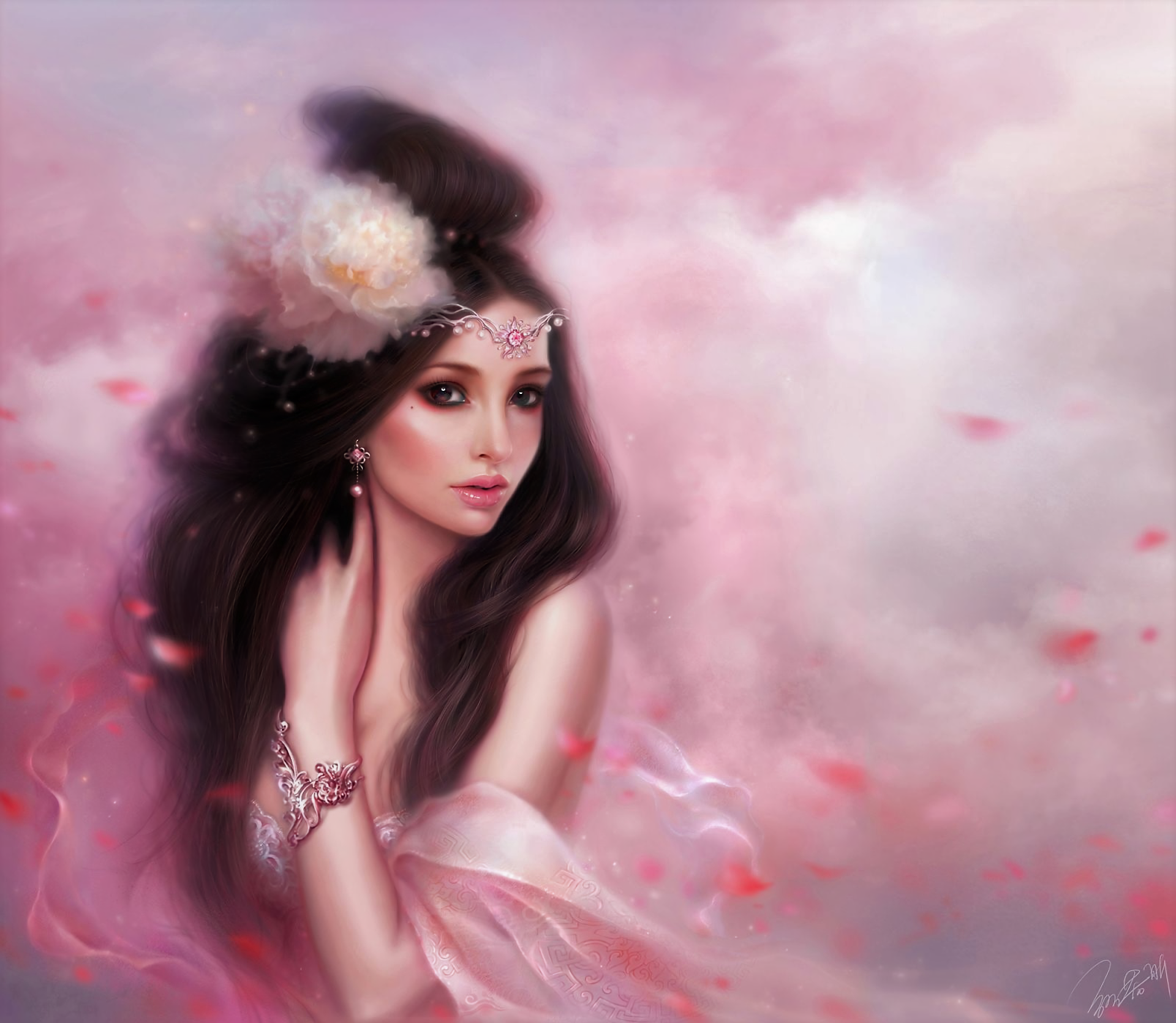 Fantasy-themed HD desktop wallpaper of a brunette woman surrounded by pink petals and soft floral elements, blending beauty and dreamy elegance.