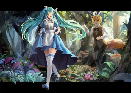 HD PC desktop wallpaper featuring Vocaloid characters Hatsune Miku in a blue dress with twintails and thigh highs, alongside Len Kagamine, set in a vibrant forest.