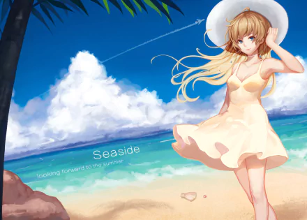 Anime-style original HD desktop wallpaper featuring a blonde girl in a light dress and hat standing on a sunny seaside beach with blue skies and fluffy clouds.
