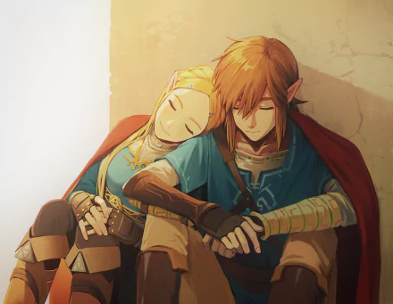 HD desktop wallpaper of Link and Zelda from The Legend of Zelda: Breath of the Wild, depicted in a tender moment, with warm tones and detailed character art.
