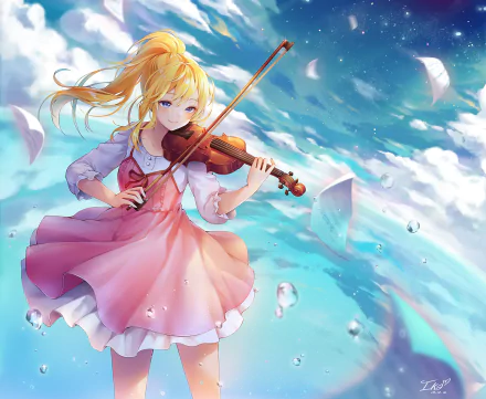 HD anime desktop wallpaper featuring Kaori Miyazono from Your Lie in April playing the violin against a bright, sky-blue background with falling petals.