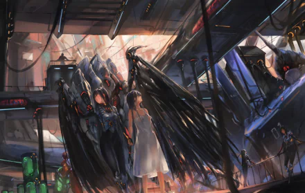 Anime-style original HD desktop wallpaper depicting a girl in a white dress surrounded by dark, mechanical wings in a futuristic industrial setting.