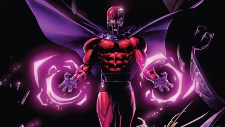 HD desktop wallpaper featuring Magneto from Marvel Comics. The powerful character is depicted with glowing purple energy around his hands, standing confidently against a dark background.