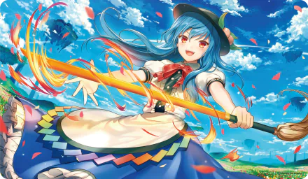 HD anime desktop wallpaper featuring Tenshi Hinanawi from Touhou, wielding a glowing staff against a bright blue sky with scattered clouds and petals.