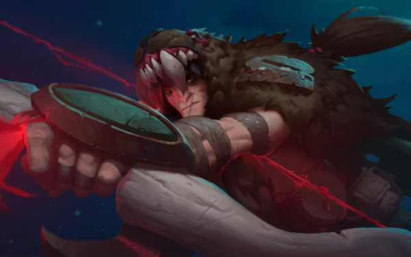 HD desktop wallpaper featuring a Battlerite character brandishing a shield with a ferocious expression against a dark, dynamic background.