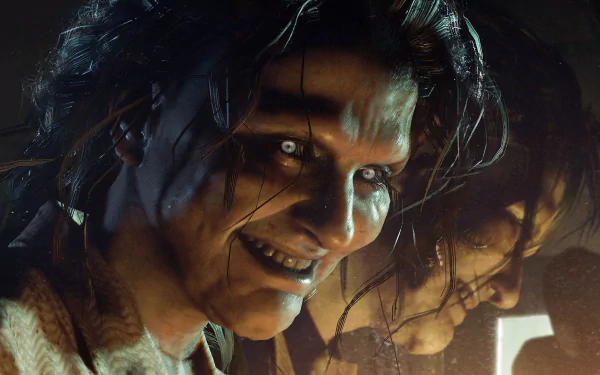 HD PC desktop wallpaper featuring a close-up of a sinister character from the video game Resident Evil 7: Biohazard with dark, eerie lighting.