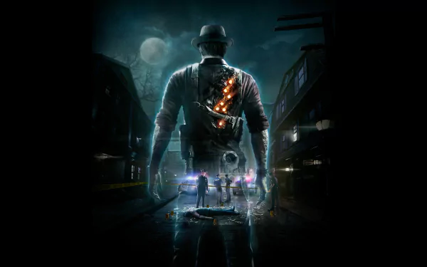 HD PC desktop wallpaper and background for the video game Murdered: Soul Suspect — a backlit detective ghost with a glowing spine walks down a moonlit, foggy city street toward police lights.