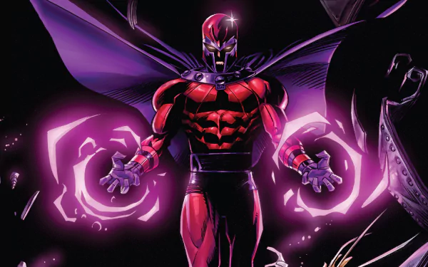 HD desktop wallpaper featuring Magneto from Marvel Comics. The powerful character is depicted with glowing purple energy around his hands, standing confidently against a dark background.