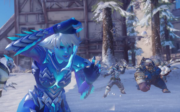 4K Ultra HD Overwatch wallpaper featuring Ana, Roadhog, Soldier: 76, and Sombra in a snowy outdoor setting from the video game Overwatch.