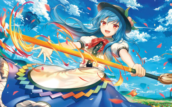 HD anime desktop wallpaper featuring Tenshi Hinanawi from Touhou, wielding a glowing staff against a bright blue sky with scattered clouds and petals.