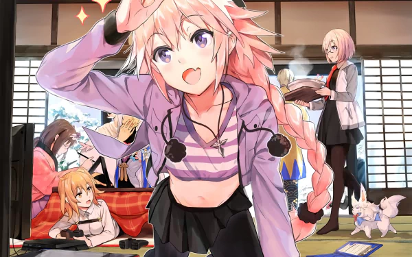 HD desktop wallpaper of characters from Fate/Grand Order and Fate/Apocrypha, featuring Osakabehime, Merlin, Mashu Kyrielight, Fujimaru Ritsuka, Fou, and Astolfo in an animated, lively scene.
