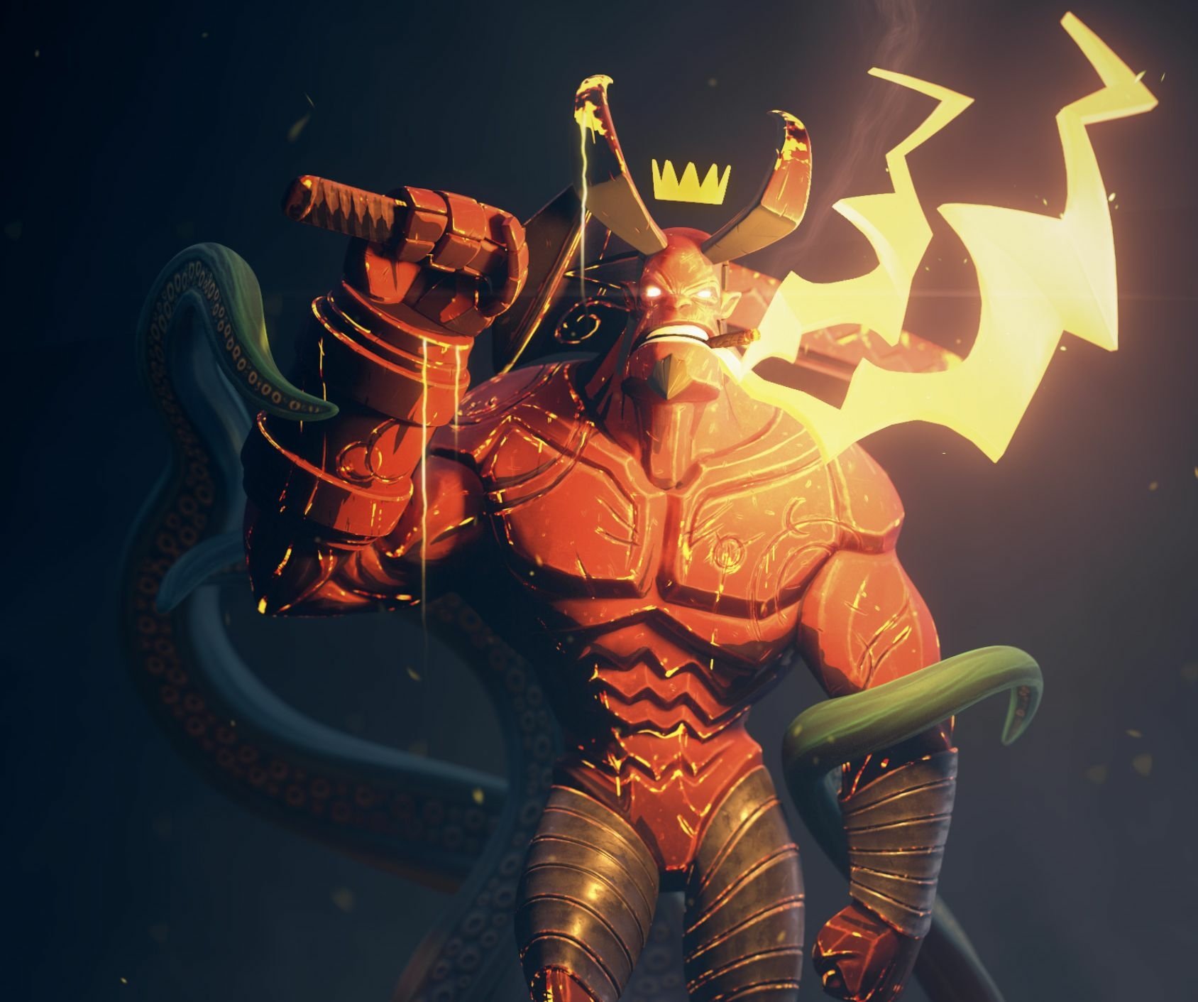 HD PC desktop wallpaper featuring Hellboy in a dynamic comic-style pose, wielding a large weapon with glowing elements and surrounded by shadowy tentacles.