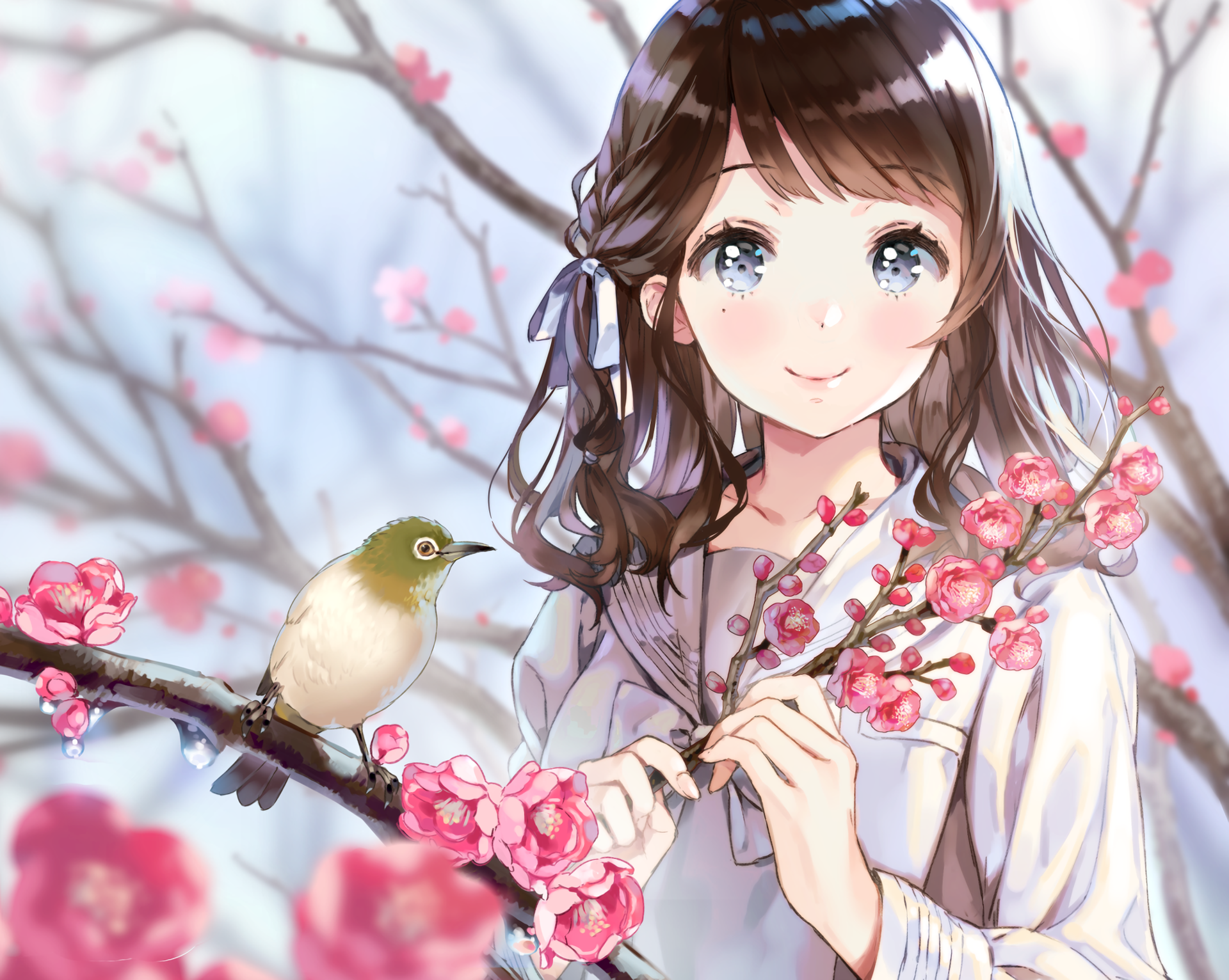 HD anime wallpaper and background featuring an original character with a gentle smile, holding a blooming cherry blossom branch, accompanied by a small bird.