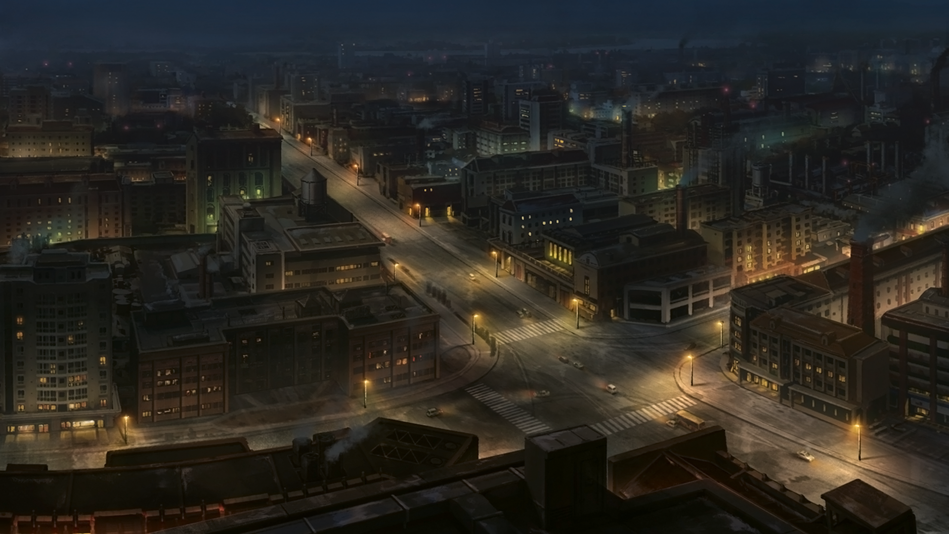 HD anime-style cityscape at night, glowing streetlights illuminate the quiet urban streets in this original anime night city desktop wallpaper.