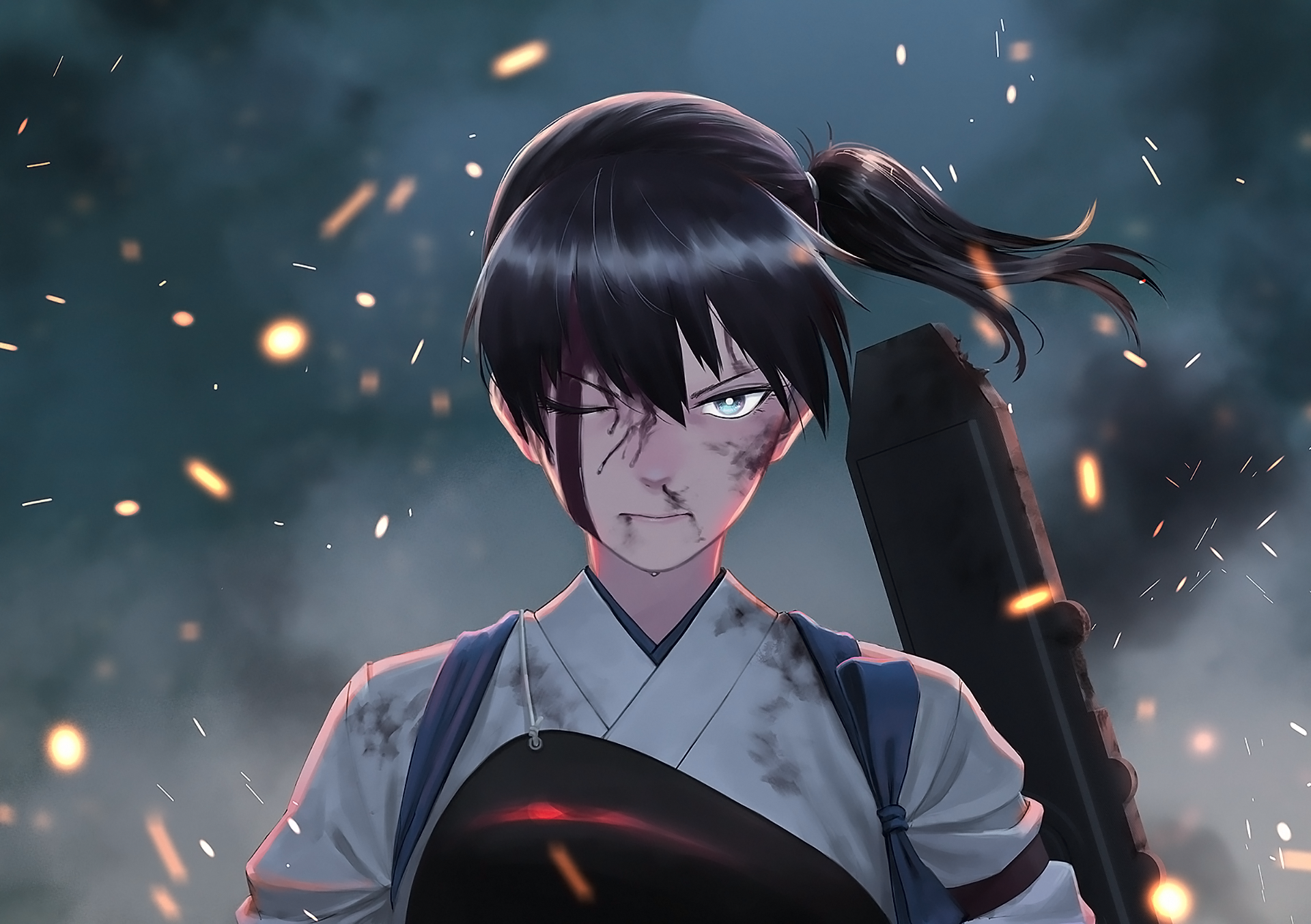 HD PC desktop wallpaper of Kaga (Kancolle/Kantai Collection) — anime portrait of a battle-worn Kaga with dark hair, a scarred face and stern gaze, holding a weapon amid embers and smoky sky.
