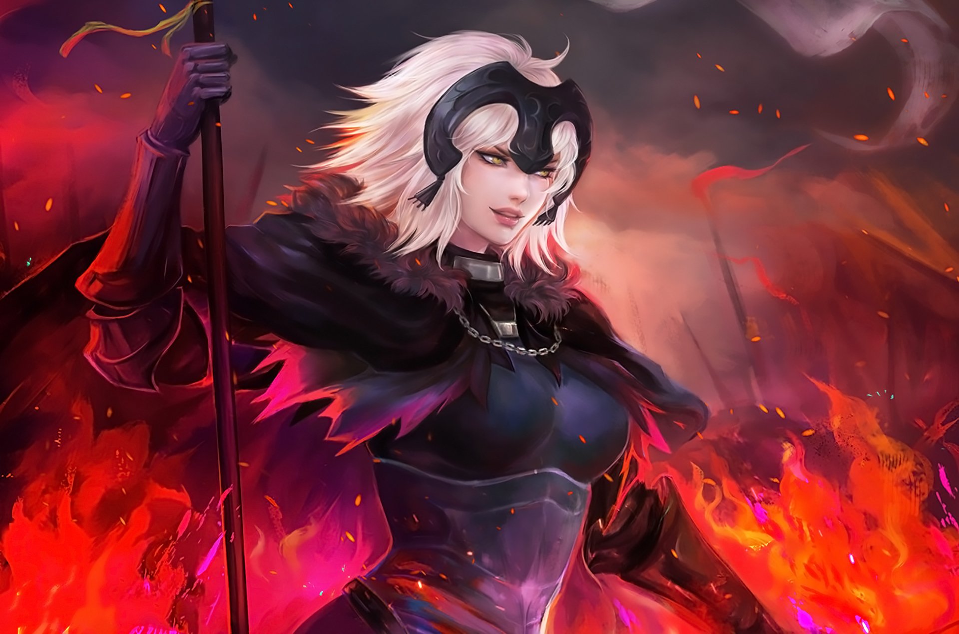 HD PC desktop wallpaper of Jeanne d'Arc from Fate/Grand Order, showcasing her in anime style with a dark armor and fiery background.