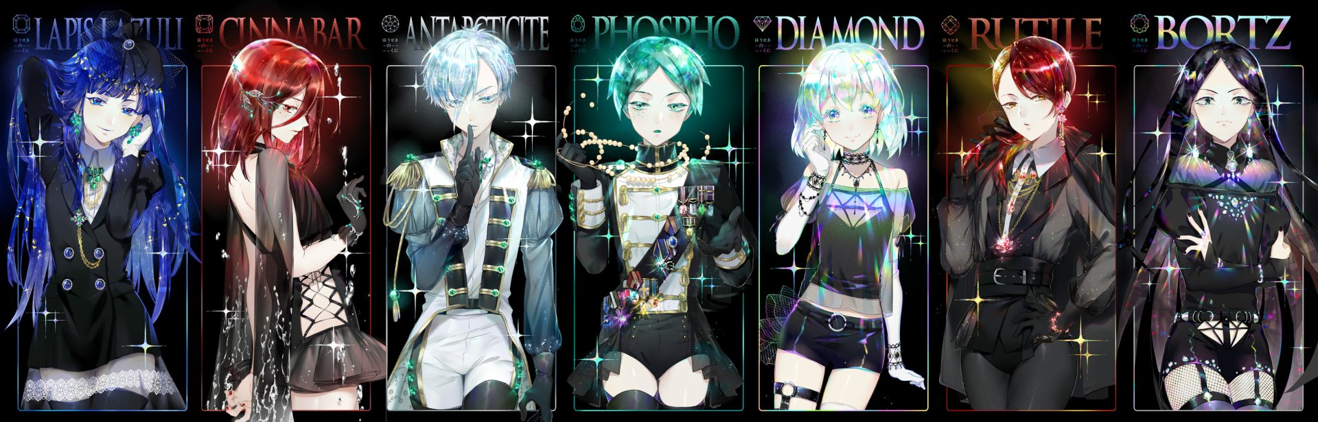 HD desktop wallpaper featuring characters from the anime Land of the Lustrous showcasing Antarcticite, Phos, and Diamond, dressed in detailed, stylish outfits against a black background.