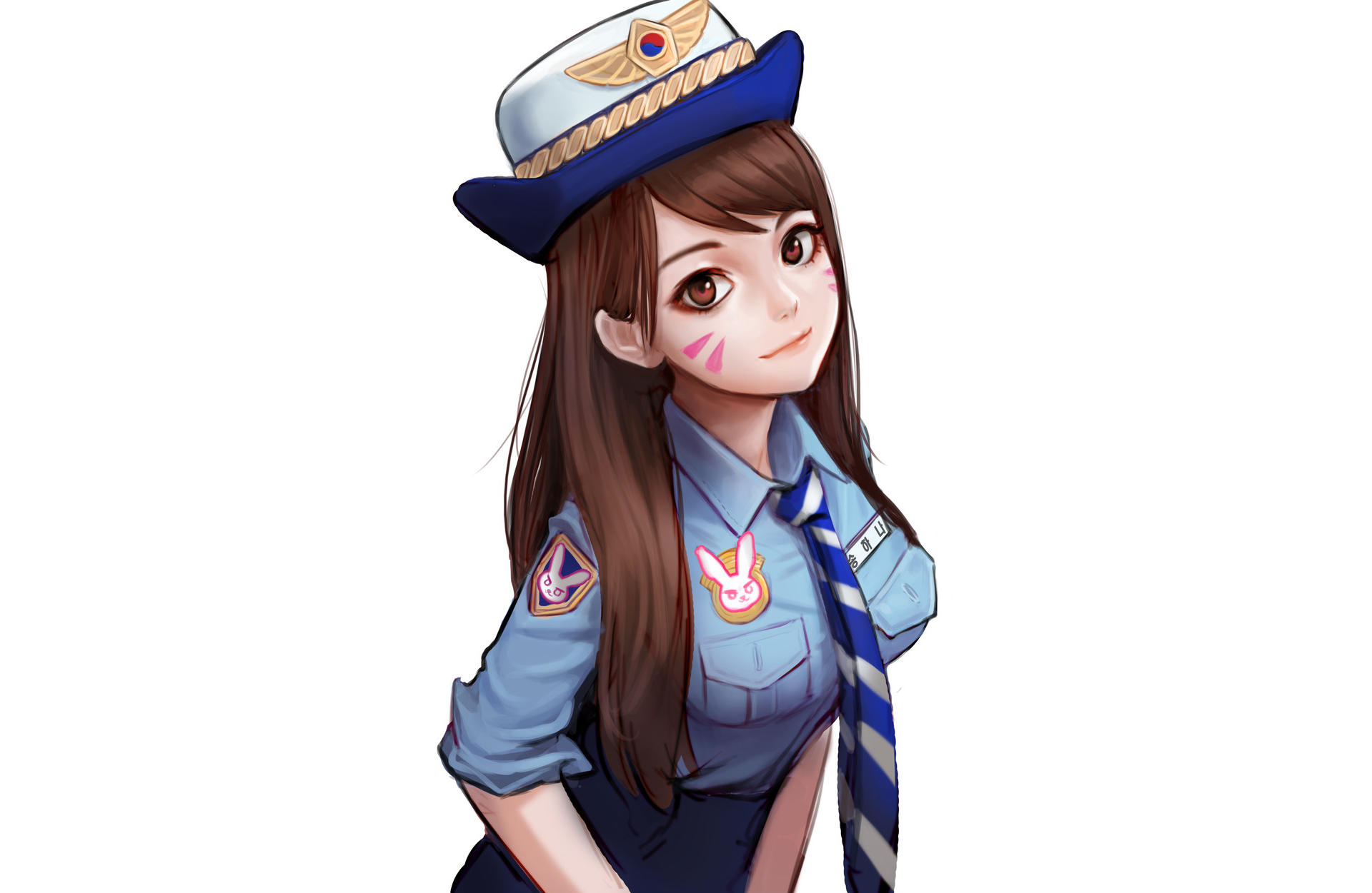 HD PC desktop wallpaper featuring D.Va from Overwatch in a detailed video game-inspired police uniform.