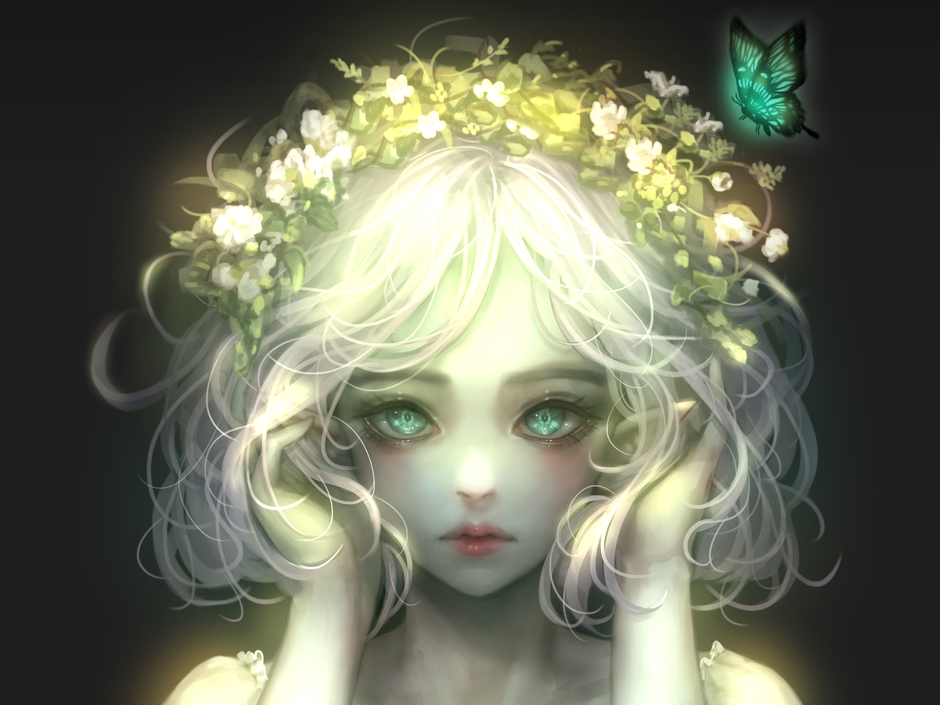 A fantasy HD desktop wallpaper of a woman with glowing green eyes, white hair adorned with flowers, a butterfly near her, and a mysterious White House silhouette in the background.