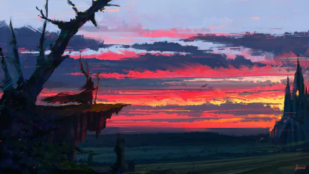 A fantasy landscape at sunset, with dramatic clouds. A figure holding a staff stands on a cliff, overlooking a vast plain and distant structures. This HD wallpaper creates an enchanting scene.