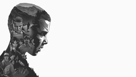 HD desktop wallpaper featuring a montage of scenes from Stranger Things within a silhouette of Eleven's profile.