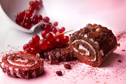 5K Ultra HD PC desktop wallpaper and background of a dessert chocolate roulade cake — food photography with cream swirl, clusters of red currants and crumbs on a pink backdrop.